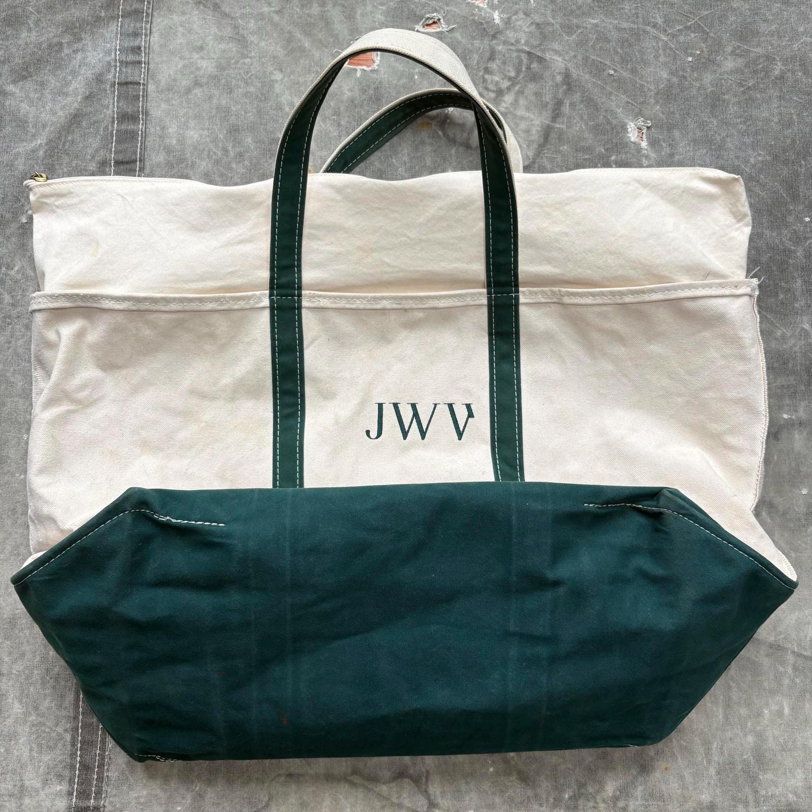 Vintage 90s L.L. Bean Boat and Tote Large Cream Forest Green