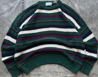 Vintage 80s 90s Forest Green Striped Grunge Knit Sweater