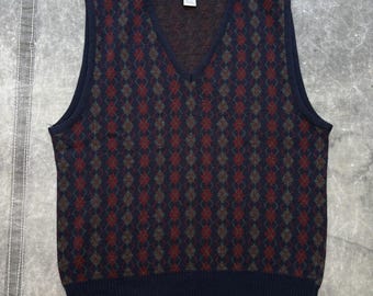 Chaleco de punto estilo grunge preppy de mezcla de lana con estampado de rombos, estilo vintage de los 90
