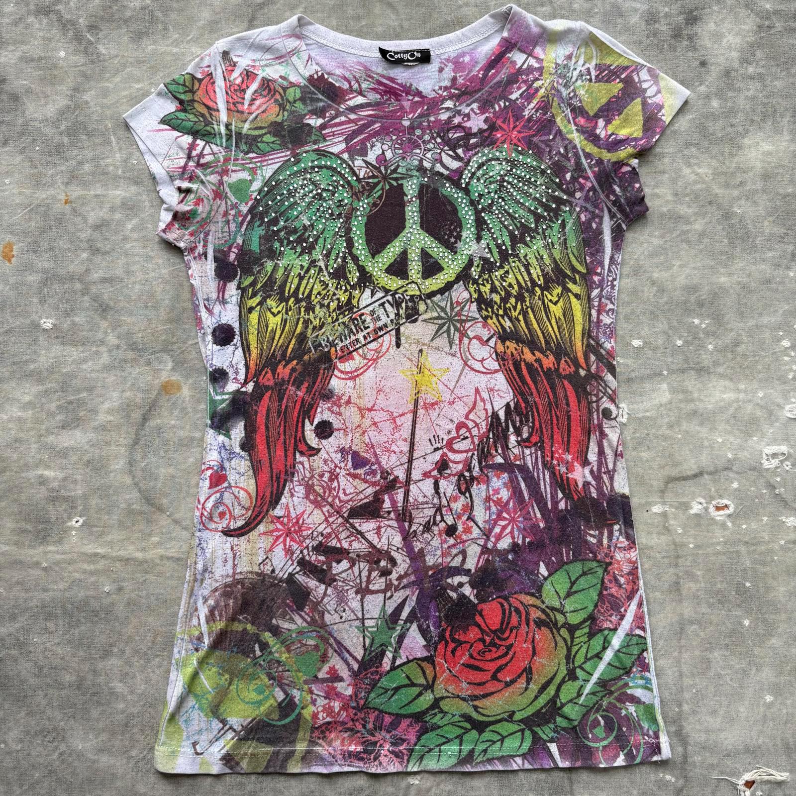 Vintage Y2K Peace Sign Wings Roses Rhinestone Grunge Shirt