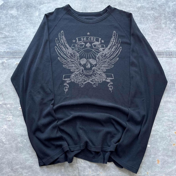 Vintage Y2K Affliction Grunge Punk Thermal Skull Wings Shirt