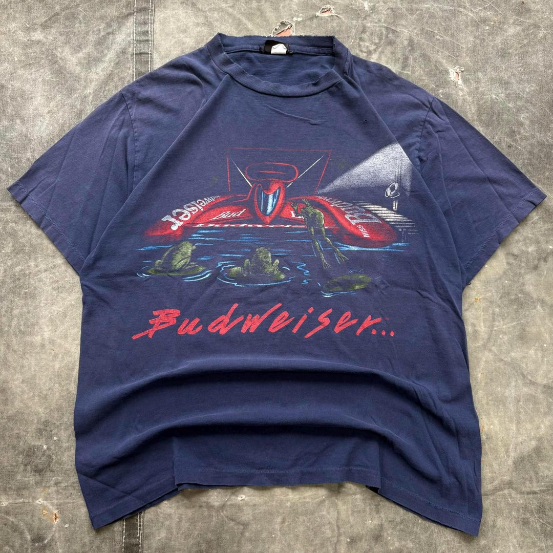 90s Budweiser フェード ヴィンテージ ブラック Vintage 90s Budweiser Beer Frogs Speedboat Double Sided Shirt - Etsy
