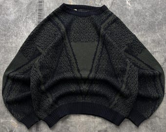 Maglione vintage anni '90 con motivo geometrico verde foresta scuro, lavorato a maglia.