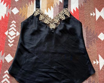 Camisola vintage de seda con bordado dorado y negro Y2K