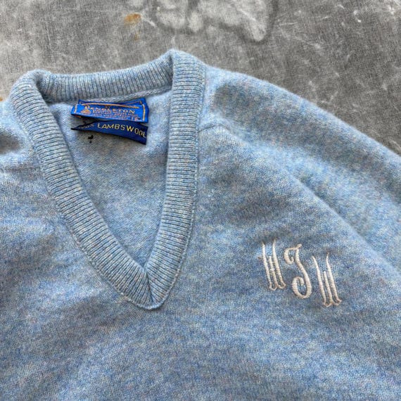 70年代ヴィンテージ 刺繍ペンドルトンウール ブルーVネックセーター 