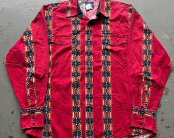 Vintage 80s 90s Wrangler Brushpopper Aztec Pearl Snap Short Sleeve