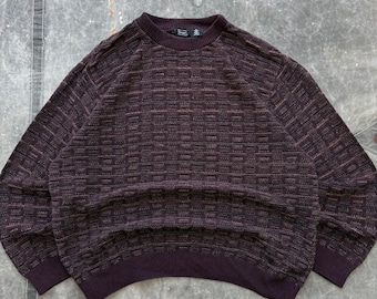 Maglione vintage anni '90 bordeaux e marrone cioccolato con motivo a griglia 3D
