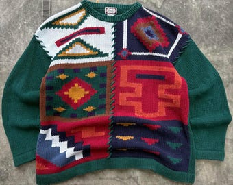 Suéter de punto verde bosque con estampado geométrico abstracto vintage de los años 80