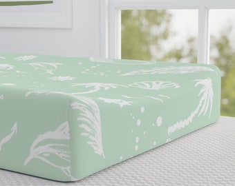 Housse de matelas à langer verte et blanche pour chambre de bébé palmiers et dauphins