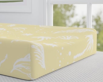 Housse de matelas à langer jaune et blanche palmiers et dauphins