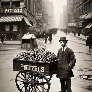 Vintage Street Vendor Canvas Print, Classic Pretzel Cart Photo Art