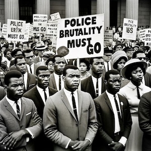 May include: A black and white photograph of a protest. A group of people are holding signs that read "Police Brutality Must Go" and "Pice Brutality 165".