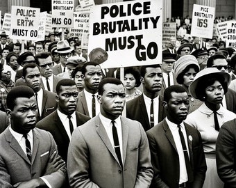 Op de afbeelding: Een zwart-witfoto van een protest. Een groep mensen houdt borden vast met de tekst "Police Brutality Must Go" en "Pice Brutality 165".