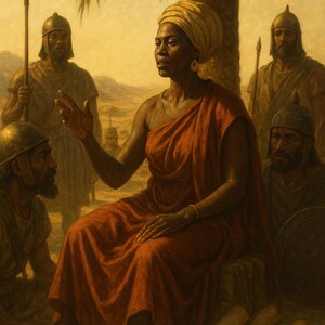 May include: An artistic depiction of a woman in a red robe and yellow head covering, seated and gesturing. She is surrounded by several figures in armour, with spears and shields. Scrolls are at her feet, under a palm tree.