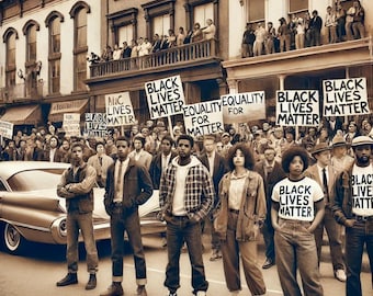 Op de afbeelding: Een zwart-witfoto van een protestmars met mensen die borden vasthouden met de tekst "Black Lives Matter" en "Equality for Matter".