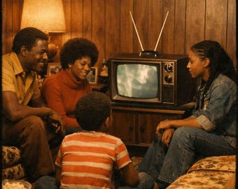 May include: A family gathers in a warmly lit living room, centered around a vintage television set. The room features wood paneling, a patterned sofa, and a small table with snacks. The family is watching TV.