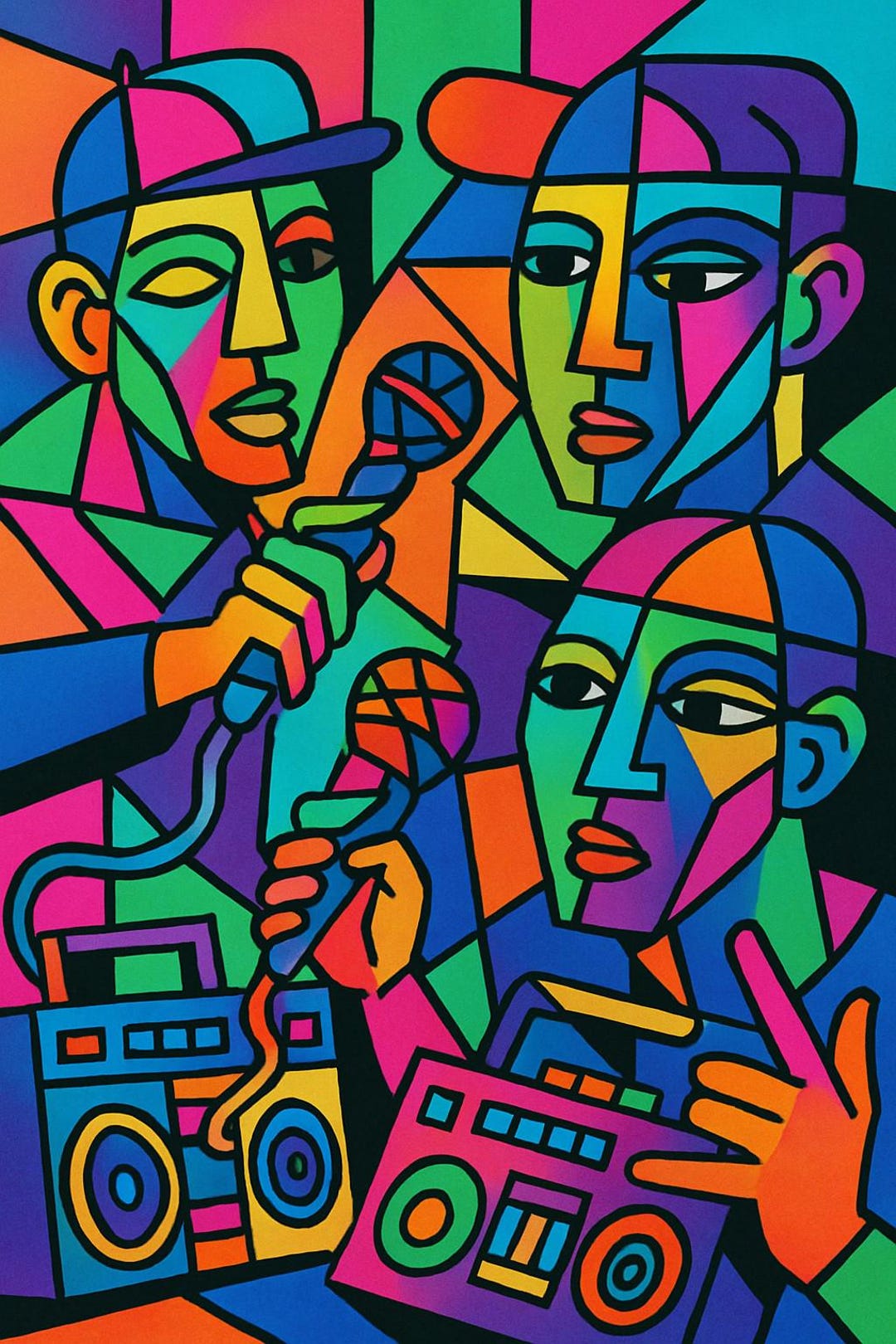 Hip Hop Abstract Art Print | Bold Stained Glass Style Rap Trio