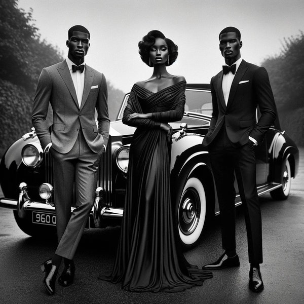 Timeless Elegance 1940s Digital Print - Fashionable Trio and Classic Car - Black and White Wall Art