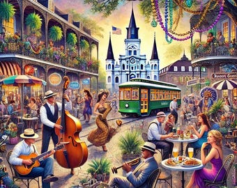 Iconic New Orleans French Quarter Art Print - Jazz Musicians and