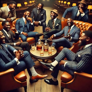 Puede incluir: Un grupo de hombres con trajes riendo juntos en una habitación con poca luz. Están sentados en sillones de cuero marrón alrededor de una pequeña mesa con botellas de licor y vasos. Los hombres visten varios estilos de trajes.