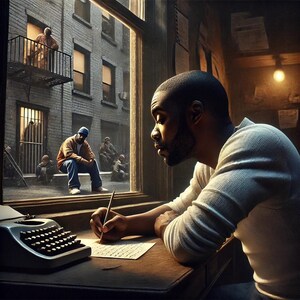 Arte reflexivo de hip hop: escena de escritura de cartas "One Love" inspirada en Nas