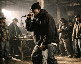 90s Hip Hop Warehouse Cipher Wall Art | Vintage Underground Rap