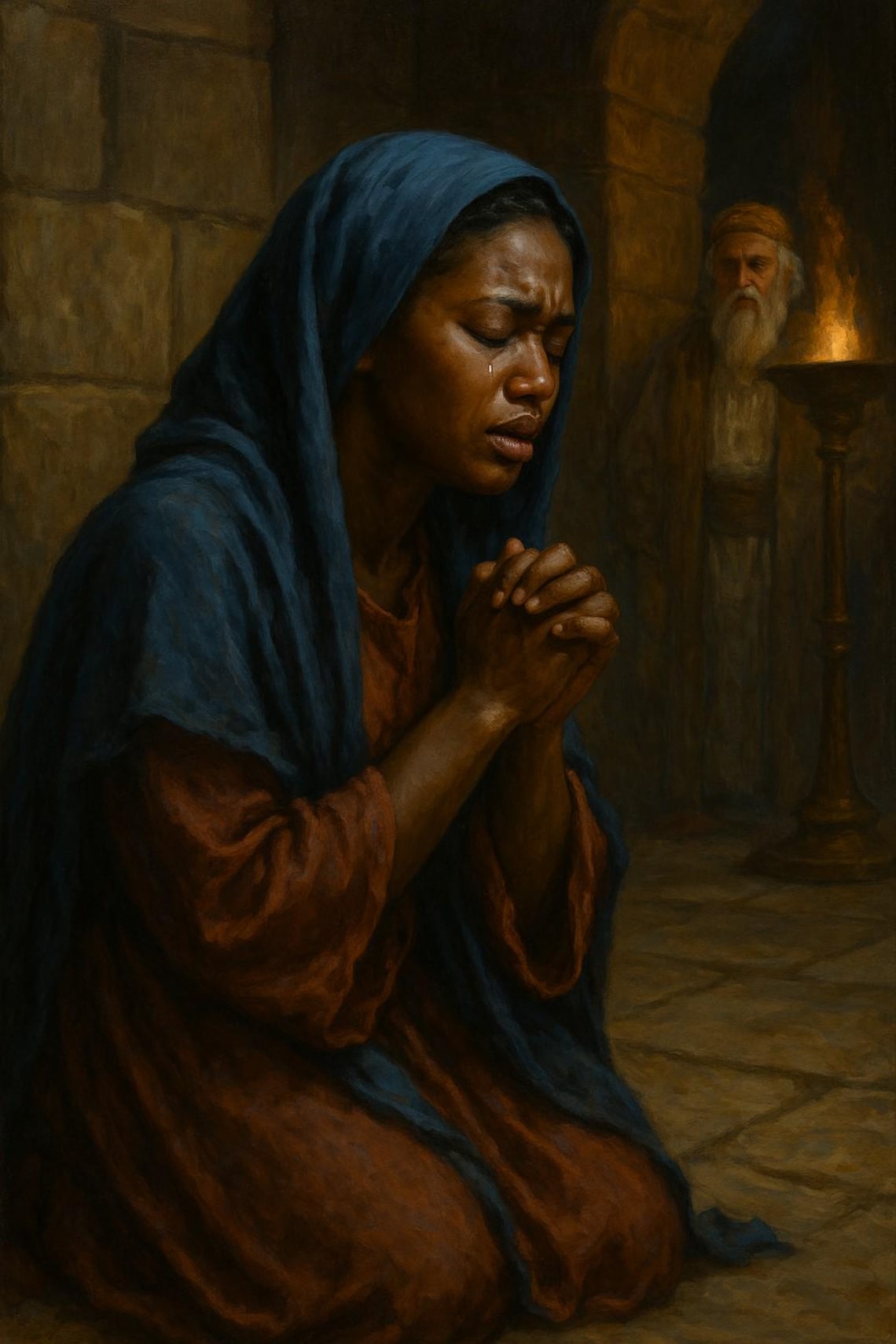 Hannah’s Prayer – African Descent Biblical Woman Art | 1 Samuel 1 Scene