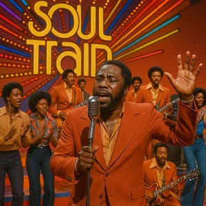 May include: A man in an orange suit sings into a microphone on a stage with the words "SOUL TRAIN" in large yellow letters. Other performers are in the background, and the stage is lit with colourful lights.