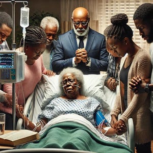 Emotional Art Print of Family in Prayer with Loved One in Hospital