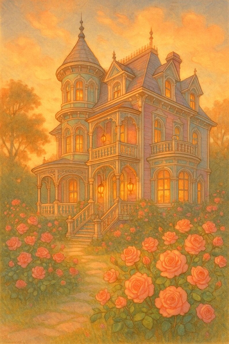 Turret And Roses Victorian Rose Garden Mansion Wall Art | Romantic Sunset House Print ...