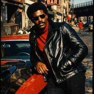May include: A man in sunglasses and a black leather jacket leans against a classic car with a red stripe. He wears a red turtleneck and dark pants. The background shows a city street with a bar and liquor store.