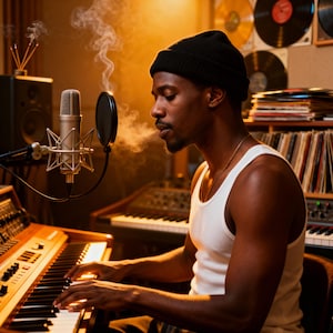 May include: A musician in a recording studio, wearing a black beanie and white tank top, plays a keyboard. A microphone and pop filter are positioned in front of him. Smoke rises from his mouth. Vinyl records are visible in the background.