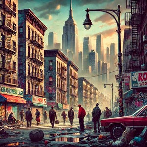 Può includere: Una scena di strada a New York City con edifici alti, un lampione e persone che camminano. La strada è fiancheggiata da negozi, tra cui uno chiamato "Grandberg's Lash" e un altro chiamato "Lil Miss 5".