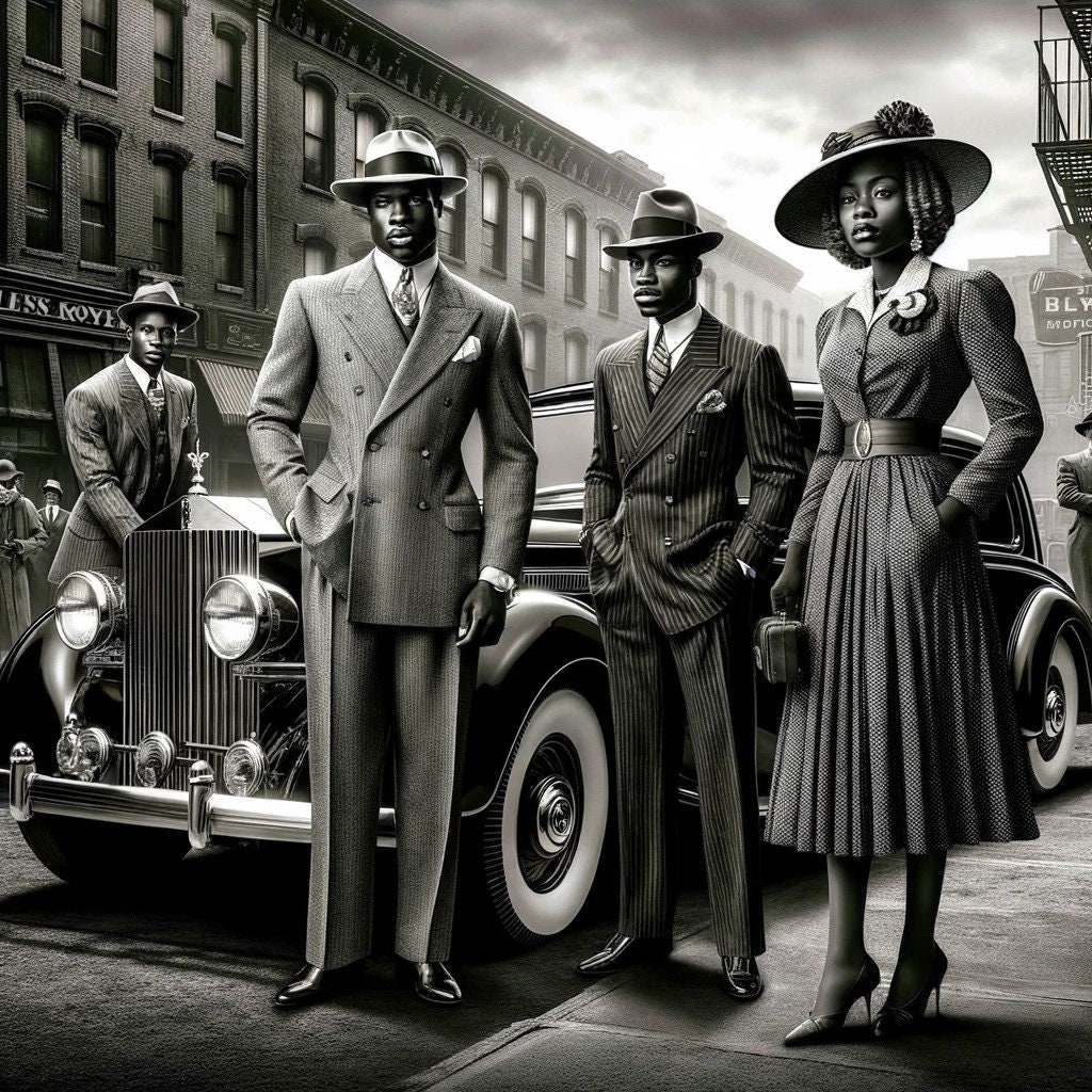 Classic 1940s Harlem Scene Digital Print - Elegant Street Style and Vintage Car - Black and White Wall Art