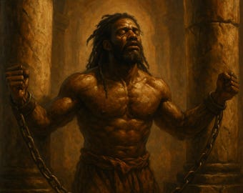Samson in Chains – African Descent Biblical Warrior Art | Judges 16 Pillar Scene | Strength in Suffering Digital Print
