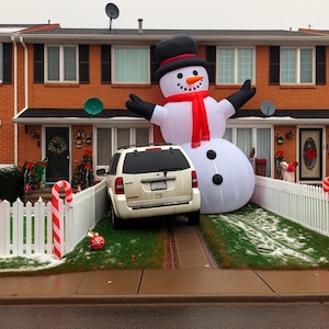 Könnte beinhalten: Ein großer aufblasbarer Schneemann mit rotem Schal und schwarzem Zylinder blockiert die Einfahrt eines für Weihnachten geschmückten Hauses. Das Haus ist aus Ziegeln mit einem weißen Lattenzaun und aufblasbaren Zuckerstangen.