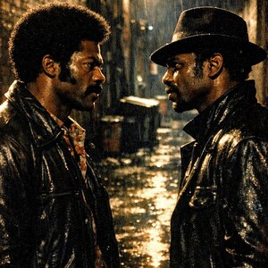 May include: Two men in a dimly lit alleyway, facing each other in the rain. Both are wearing black leather jackets. One man wears a fedora hat. The scene has a gritty, film noir aesthetic.