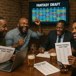 Può includere: Quattro amici sono riuniti intorno a un tavolo, ridono e guardano i loro telefoni. Hanno tutti in mano fogli di trucchi per il fantasy football. Il tavolo è coperto da una tovaglia marrone. C'è uno schermo televisivo sullo sfondo che mostra un draft di fantasy.