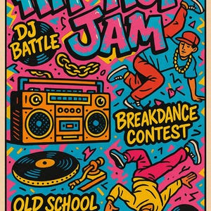 May include: Colorful poster with the words "Hip Hop Jam" in large, stylized letters. The design includes illustrations of a boombox, turntables, and breakdancers. Text elements include "DJ Battle," "Breakdance Contest," and "Old School Rap Vibes."