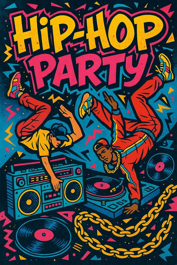 Póster vintage de fiesta de hip hop de los 80: arte mural de