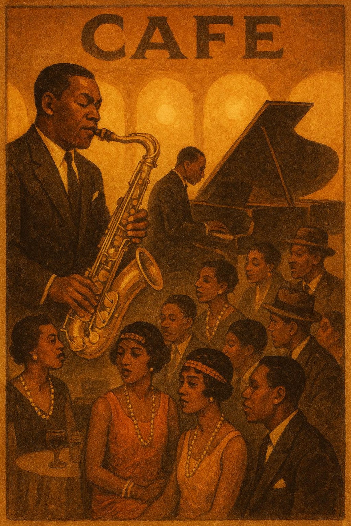 Harlem Renaissance Jazz Café Art Print – Vintage 1920s Saxophone ...