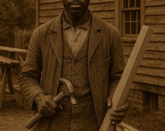 May include: A man in a brown suit holds a hammer and a wooden beam. He stands in front of a wooden building with a window. The image has a sepia tone, suggesting a historical or rustic theme.
