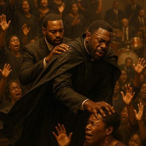May include: A dramatic scene unfolds in a dimly lit church. Two men in suits and a black cape are focused on a woman, who is crying. A choir and musicians are in the background, with many people raising their hands.