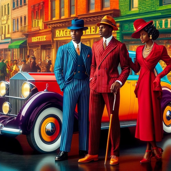 1940s Harlem Vintage Digital Print - Colorful Period Fashion and Classic Car - Wall Art Decor