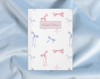 Coquette Personalized Name Journal Matte Hardcover Blue & Pink Watercolor Ribbon Design Shabby Chic Feminine Adorable Trending Aesthetic