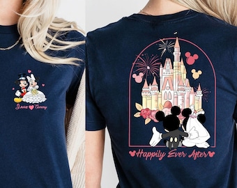 Custom Two-sided Mickey Minnie Couple Shirt, Disney Wedding Wife Husband Honey Moon Matching Tee,Personalized Happily Ever After T-shirt