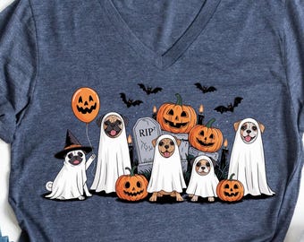 Cute Ghost Dogs Halloween V-Neck Shirt, Halloween Dog Shirt,Funny Halloween Shirt,Spooky Season Outfit,Retro Halloween Tee,Halloween Dog Tee