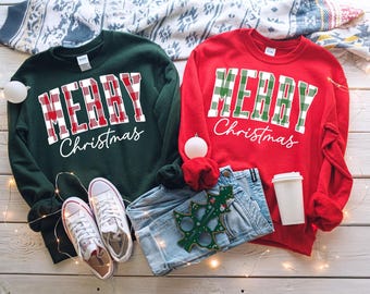 Merry Christmas Sweatshirt, Buffalo Plaid Merry Christmas Sweater, Christmas Family Crewneck, Buffalo Plaid Christmas Shirt