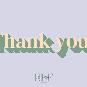 May include: Thank you text in a retro style with a green and peach color scheme. The text is set against a light purple background with small stars in the corners. The text is from ELF Creatives, a craft studio.