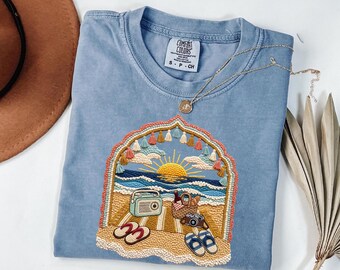 Comfort Colors® Beach Faux Yarn Sunset Shirt, Coastal Summer Tee, Funny Beach Shirt (Not Real Yarn, DTF Print)